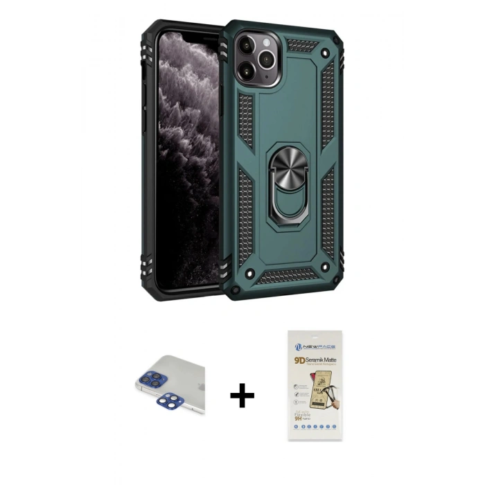 MARSİLYAN™- iPhone 11 Pro Max Kılıf Ahenk Klasik Koleksiyonu - Siyah Mat Seramik Nano Ekran Koruyucu + Pers Alüminyum Kamera Lens - LT