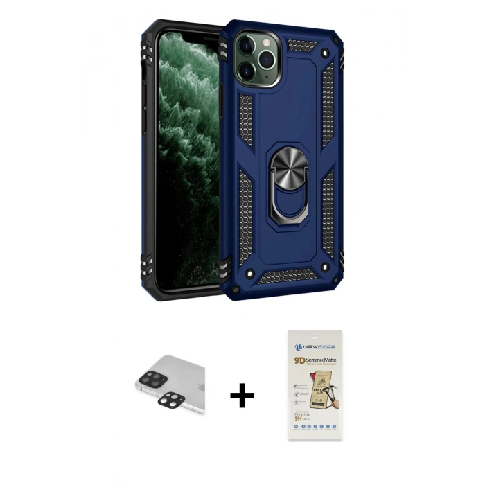 MARSİLYAN™- iPhone 11 Pro Max Kılıf Ahenk Klasik Koleksiyonu - Siyah Mat Seramik Nano Ekran Koruyucu + Pers Alüminyum Kamera Lens - SH