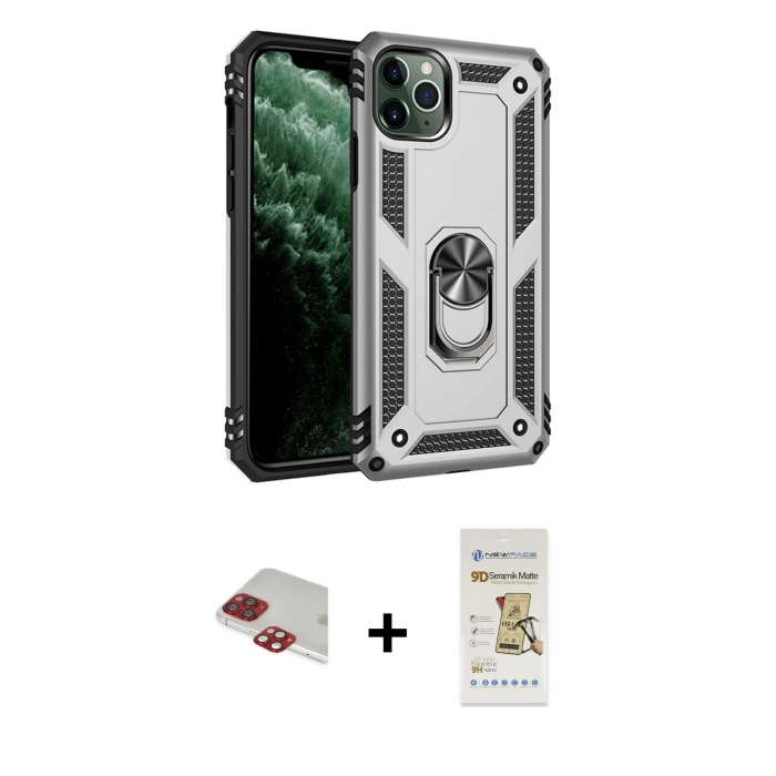 MARSİLYAN™- iPhone 11 Pro Max Kılıf Ahenk Klasik Koleksiyonu - Siyah Mat Seramik Nano Ekran Koruyucu + Pers Alüminyum Kamera Lens - KI