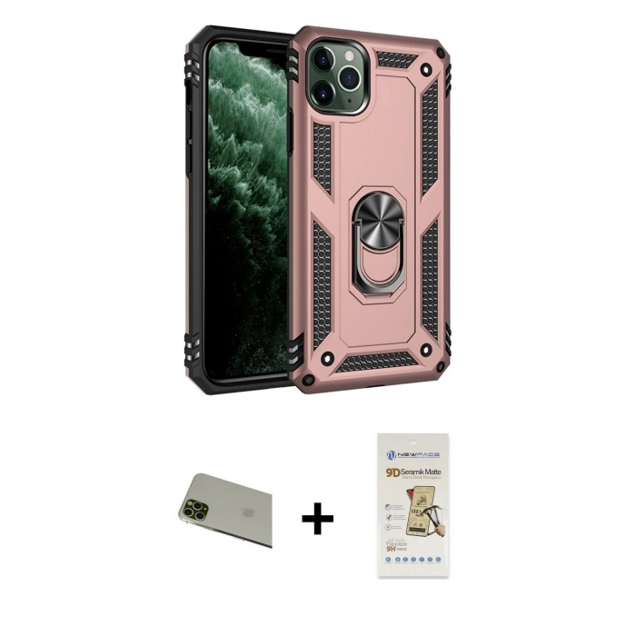 MARSİLYAN™- iPhone 11 Pro Max Kılıf Ahenk Klasik Koleksiyonu - Siyah Mat Seramik Nano Ekran Koruyucu + Rainbow Kamera Lens Koruma Cam - YL