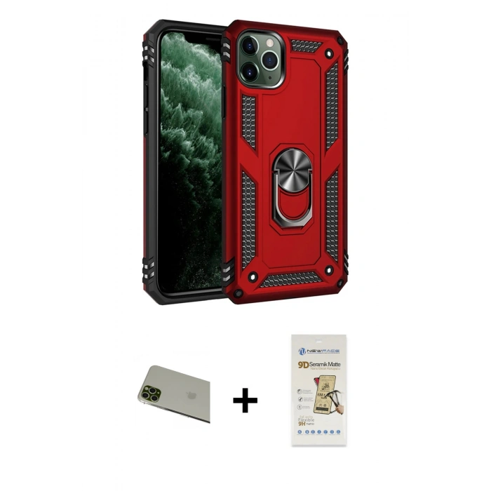 MARSİLYAN™- iPhone 11 Pro Max Kılıf Ahenk Klasik Koleksiyonu - Siyah Mat Seramik Nano Ekran Koruyucu + Rainbow Kamera Lens Koruma Cam - YL