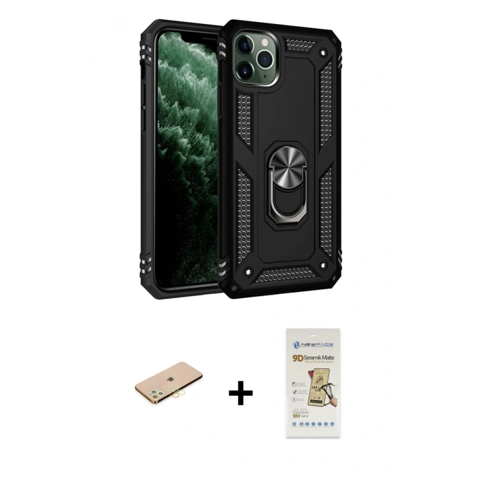 MARSİLYAN™- iPhone 11 Pro Max Kılıf Ahenk Klasik Koleksiyonu - Siyah Mat Seramik Nano Ekran Koruyucu + Renkli Kamera Lens Koruma Cam - SI