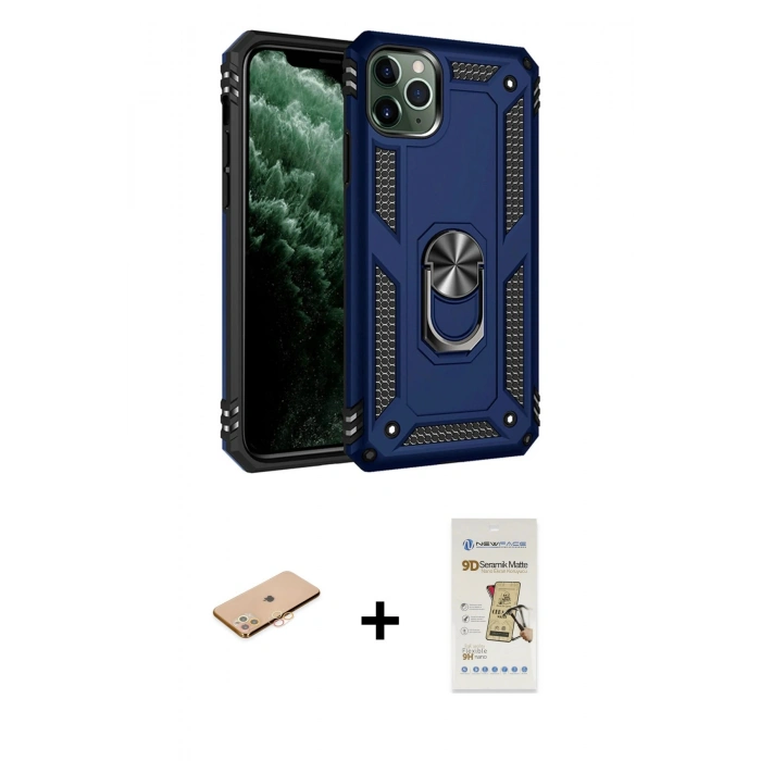 MARSİLYAN™- iPhone 11 Pro Max Kılıf Ahenk Klasik Koleksiyonu - Siyah Mat Seramik Nano Ekran Koruyucu + Renkli Kamera Lens Koruma Cam - TU