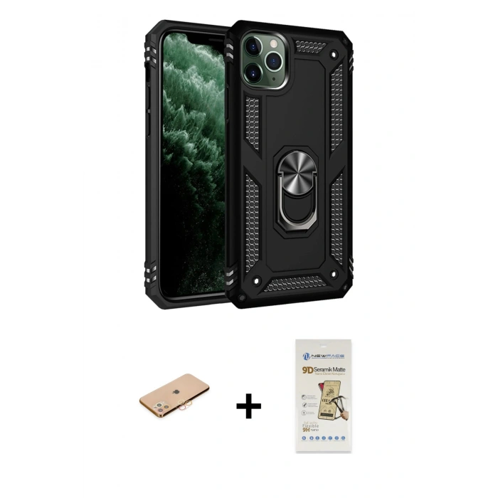 MARSİLYAN™- iPhone 11 Pro Max Kılıf Ahenk Klasik Koleksiyonu - Siyah Mat Seramik Nano Ekran Koruyucu + Renkli Kamera Lens Koruma Cam - TU