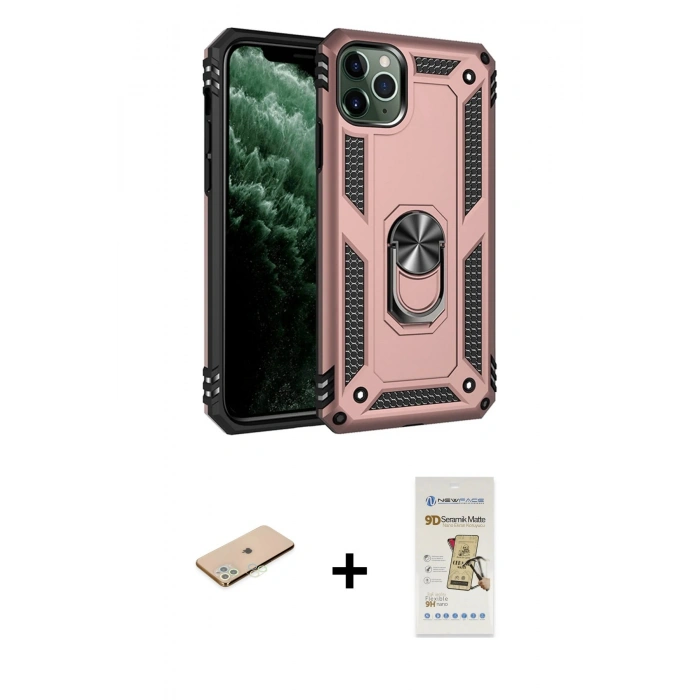 MARSİLYAN™- iPhone 11 Pro Max Kılıf Ahenk Klasik Koleksiyonu - Siyah Mat Seramik Nano Ekran Koruyucu + Renkli Kamera Lens Koruma Cam - YL