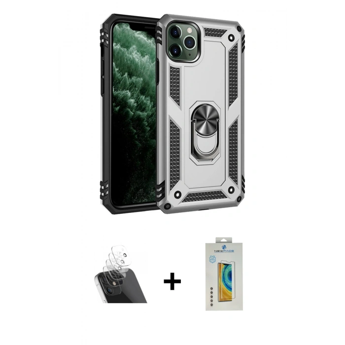 MARSİLYAN™- iPhone 11 Pro Max Kılıf Ahenk Klasik Koleksiyonu - Siyah Polymer Nano Ekran Koruyucu + Kamera Lens Koruma Cam - SF