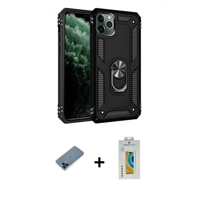 MARSİLYAN™- iPhone 11 Pro Max Kılıf Ahenk Klasik Koleksiyonu - Siyah Polymer Nano Ekran Koruyucu + Metal Kamera Lens Koruma Cam - MI