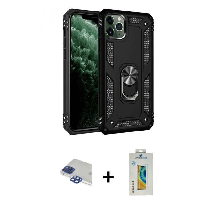 MARSİLYAN™- iPhone 11 Pro Max Kılıf Ahenk Klasik Koleksiyonu - Siyah Polymer Nano Ekran Koruyucu + Pers Alüminyum Kamera Lens - LT
