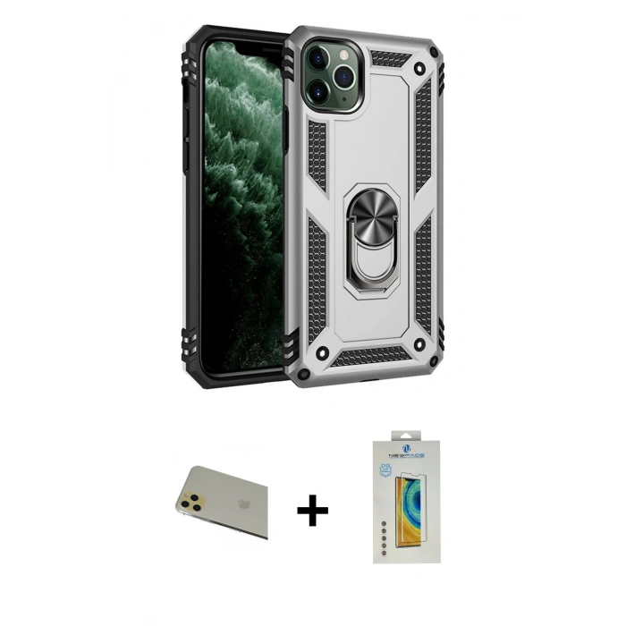 MARSİLYAN™- iPhone 11 Pro Max Kılıf Ahenk Klasik Koleksiyonu - Siyah Polymer Nano Ekran Koruyucu + Rainbow Kamera Lens Koruma Cam - GD