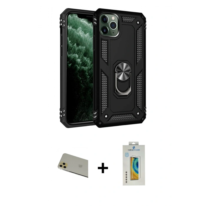MARSİLYAN™- iPhone 11 Pro Max Kılıf Ahenk Klasik Koleksiyonu - Siyah Polymer Nano Ekran Koruyucu + Rainbow Kamera Lens Koruma Cam - GD