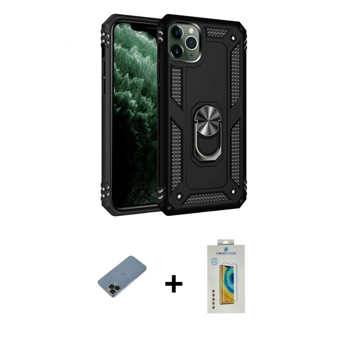 MARSİLYAN™- iPhone 11 Pro Max Kılıf Ahenk Klasik Koleksiyonu - Siyah Polymer Nano Ekran Koruyucu + Shine Kamera Lens Koruma Cam - SH