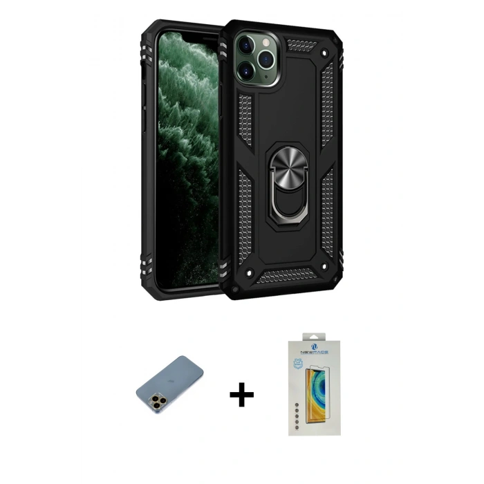 MARSİLYAN™- iPhone 11 Pro Max Kılıf Ahenk Klasik Koleksiyonu - Siyah Polymer Nano Ekran Koruyucu + Shine Kamera Lens Koruma Cam - GD