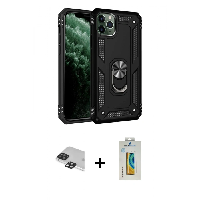 MARSİLYAN™- iPhone 11 Pro Max Kılıf Ahenk Klasik Koleksiyonu - Siyah Polymer Nano Ekran Koruyucu + Pers Alüminyum Kamera Lens - SH