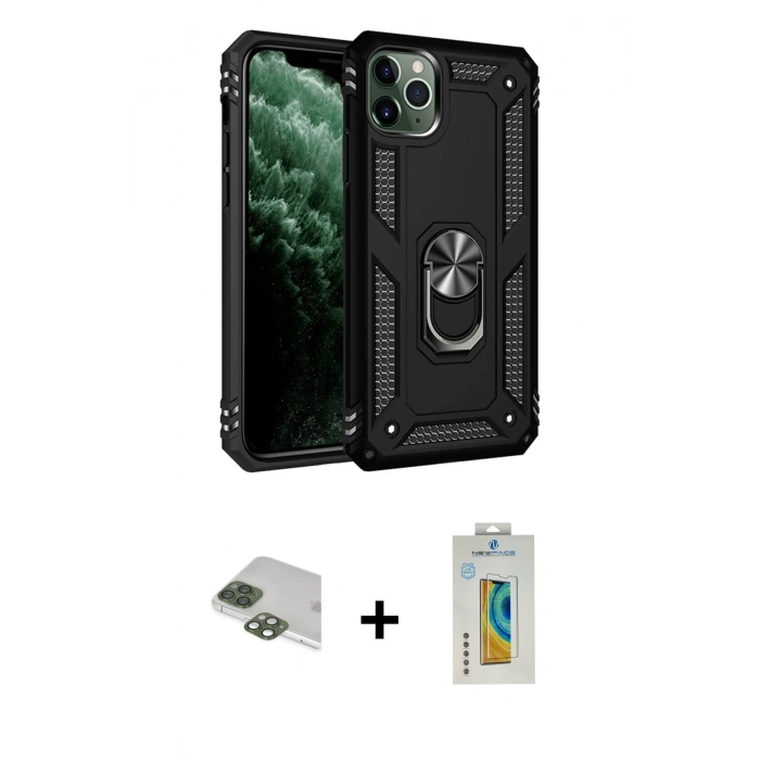 MARSİLYAN™- iPhone 11 Pro Max Kılıf Ahenk Klasik Koleksiyonu - Siyah Polymer Nano Ekran Koruyucu + Yeşil Pers Alüminyum Kamera Lens