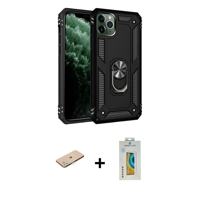 MARSİLYAN™- iPhone 11 Pro Max Kılıf Ahenk Klasik Koleksiyonu - Siyah Polymer Nano Ekran Koruyucu + Renkli Kamera Lens Koruma Cam - YL