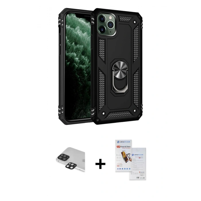 MARSİLYAN™- iPhone 11 Pro Max Kılıf Ahenk Klasik Koleksiyonu - Siyah Seramik Nano Ekran Koruyucu + Pers Alüminyum Kamera Lens - SH