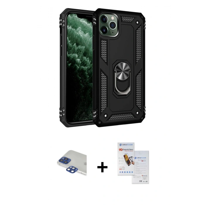 MARSİLYAN™- iPhone 11 Pro Max Kılıf Ahenk Klasik Koleksiyonu - Siyah Seramik Nano Ekran Koruyucu + Pers Alüminyum Kamera Lens - LT