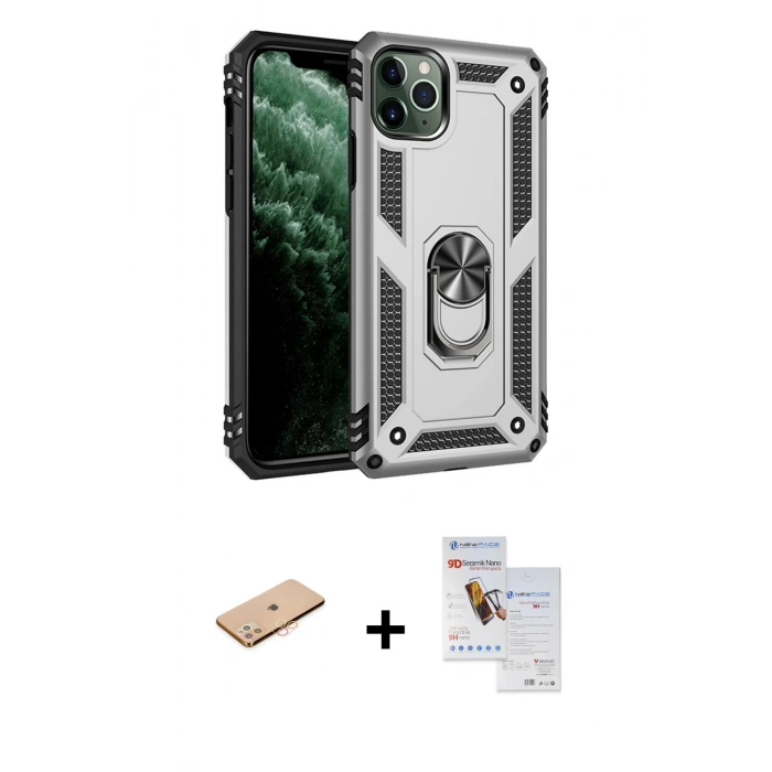 MARSİLYAN™- iPhone 11 Pro Max Kılıf Ahenk Klasik Koleksiyonu - Siyah Seramik Nano Ekran Koruyucu + Renkli Kamera Lens Koruma Cam - TU