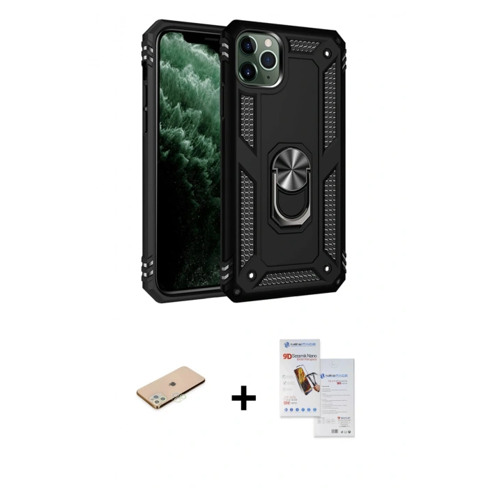 MARSİLYAN™- iPhone 11 Pro Max Kılıf Ahenk Klasik Koleksiyonu - Siyah Seramik Nano Ekran Koruyucu + Renkli Kamera Lens Koruma Cam - YL