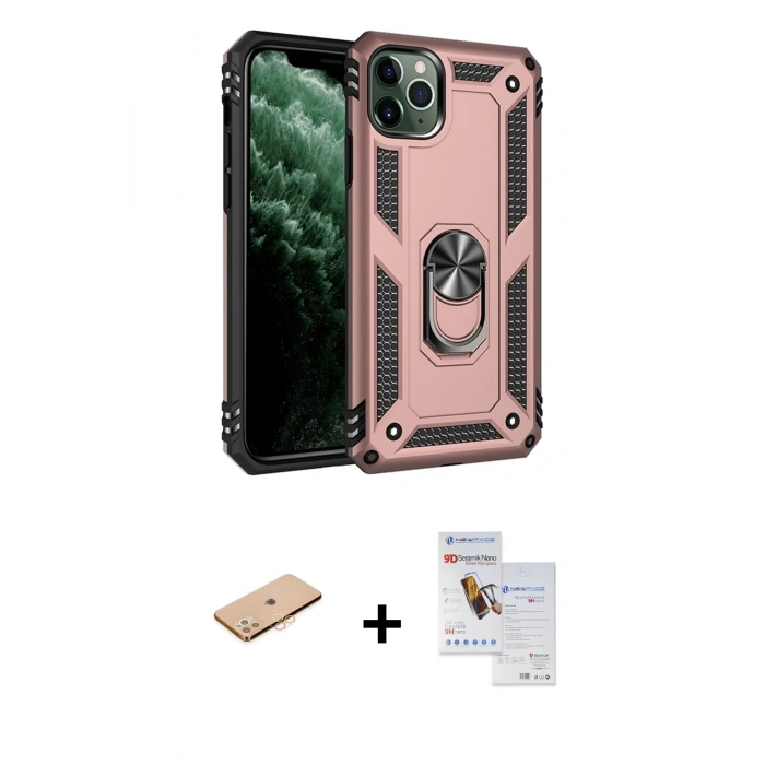 MARSİLYAN™- iPhone 11 Pro Max Kılıf Ahenk Klasik Koleksiyonu - Siyah Seramik Nano Ekran Koruyucu + Renkli Kamera Lens Koruma Cam - TU