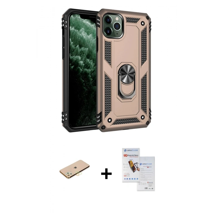 MARSİLYAN™- iPhone 11 Pro Max Kılıf Ahenk Klasik Koleksiyonu - Siyah Seramik Nano Ekran Koruyucu + Renkli Kamera Lens Koruma Cam - SI