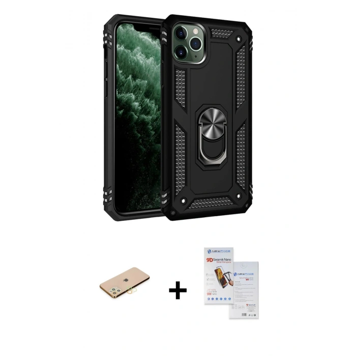MARSİLYAN™- iPhone 11 Pro Max Kılıf Ahenk Klasik Koleksiyonu - Siyah Seramik Nano Ekran Koruyucu + Renkli Kamera Lens Koruma Cam - SI
