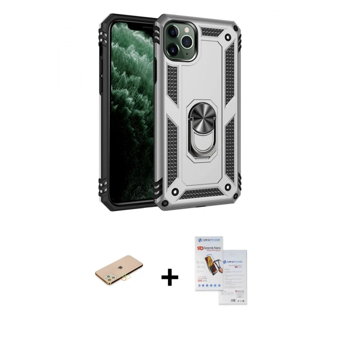 MARSİLYAN™- iPhone 11 Pro Max Kılıf Ahenk Klasik Koleksiyonu - Siyah Seramik Nano Ekran Koruyucu + Renkli Kamera Lens Koruma Cam - SI