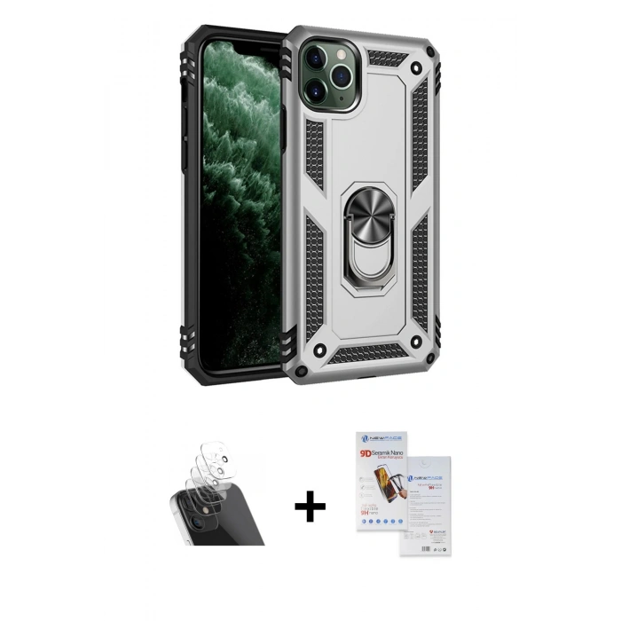 MARSİLYAN™- iPhone 11 Pro Max Kılıf Ahenk Klasik Koleksiyonu - Siyah Seramik Nano Ekran Koruyucu + Kamera Lens Koruma Cam - SF