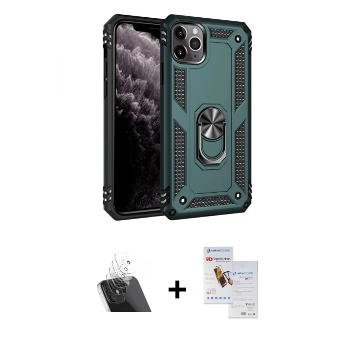 MARSİLYAN™- iPhone 11 Pro Max Kılıf Ahenk Klasik Koleksiyonu - Siyah Seramik Nano Ekran Koruyucu + Kamera Lens Koruma Cam - SF