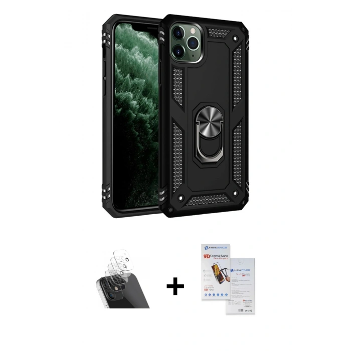 MARSİLYAN™- iPhone 11 Pro Max Kılıf Ahenk Klasik Koleksiyonu - Siyah Seramik Nano Ekran Koruyucu + Kamera Lens Koruma Cam - SF