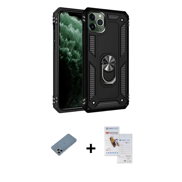 MARSİLYAN™- iPhone 11 Pro Max Kılıf Ahenk Klasik Koleksiyonu - Siyah Seramik Nano Ekran Koruyucu + Sierra Blue Shine Kamera Lens Koruma Cam