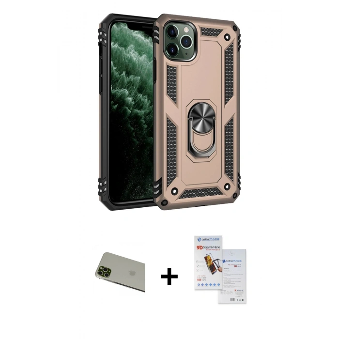 MARSİLYAN™- iPhone 11 Pro Max Kılıf Ahenk Klasik Koleksiyonu - Siyah Seramik Nano Ekran Koruyucu + Rainbow Kamera Lens Koruma Cam - YL
