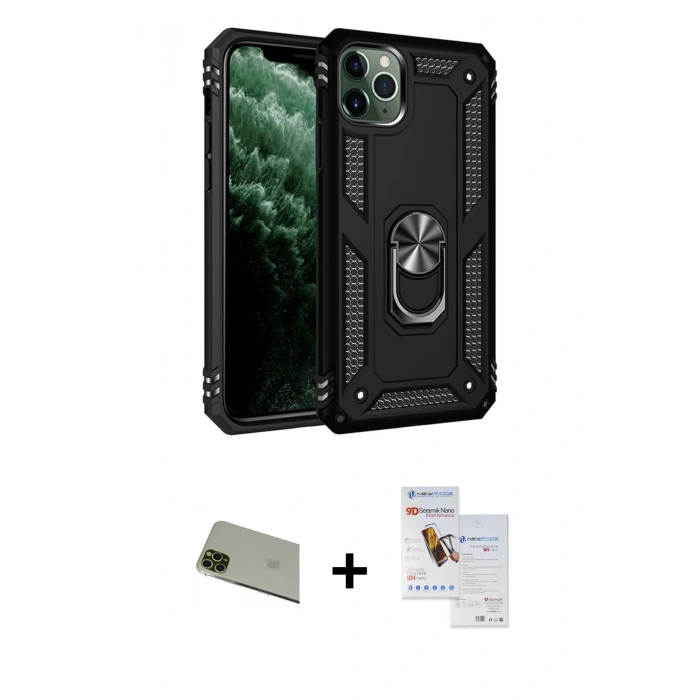 MARSİLYAN™- iPhone 11 Pro Max Kılıf Ahenk Klasik Koleksiyonu - Siyah Seramik Nano Ekran Koruyucu + Rainbow Kamera Lens Koruma Cam - YL