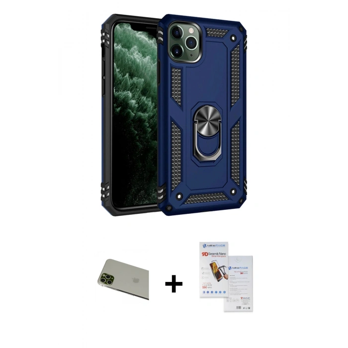 MARSİLYAN™- iPhone 11 Pro Max Kılıf Ahenk Klasik Koleksiyonu - Siyah Seramik Nano Ekran Koruyucu + Rainbow Kamera Lens Koruma Cam - YL