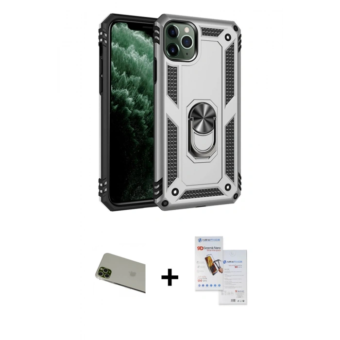 MARSİLYAN™- iPhone 11 Pro Max Kılıf Ahenk Klasik Koleksiyonu - Siyah Seramik Nano Ekran Koruyucu + Rainbow Kamera Lens Koruma Cam - YL
