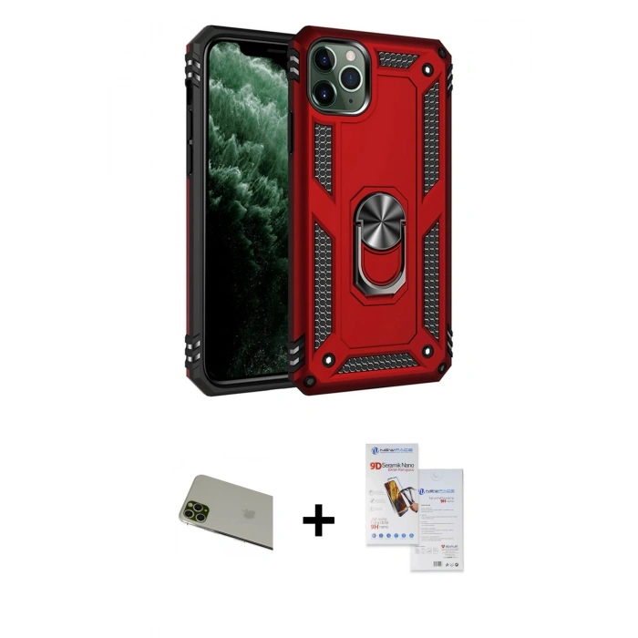 MARSİLYAN™- iPhone 11 Pro Max Kılıf Ahenk Klasik Koleksiyonu - Siyah Seramik Nano Ekran Koruyucu + Rainbow Kamera Lens Koruma Cam - YL
