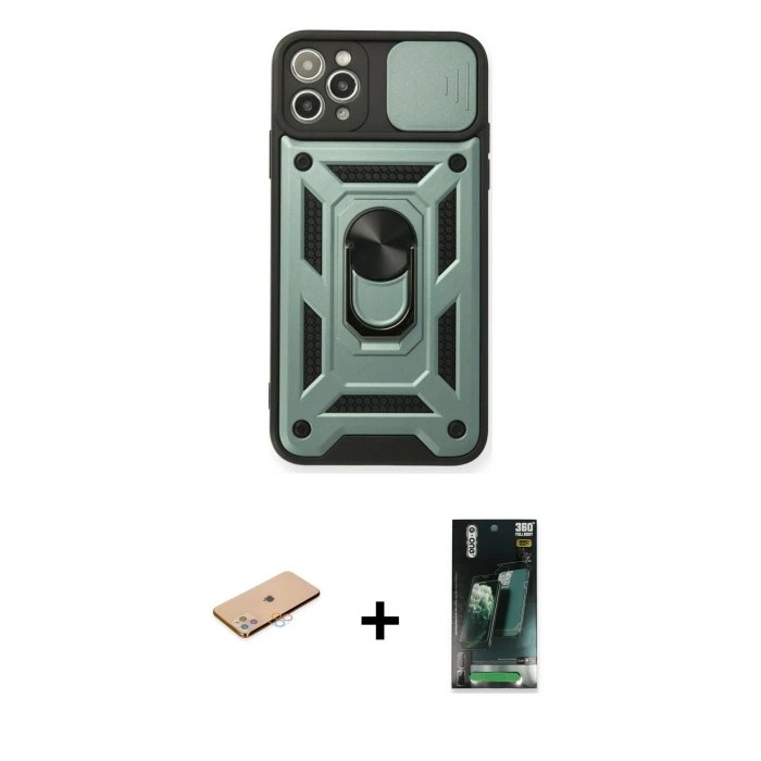 MARSİLYAN™- iPhone 11 Pro Max Kılıf Ahenk Klasik - Şeffaf 360 Full Body Arka Koruyucu + Renkli Kamera Lens Koruma Cam - PE