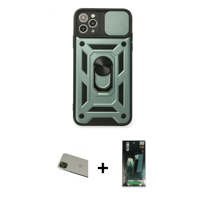 MARSİLYAN™- iPhone 11 Pro Max Kılıf Ahenk Klasik - Şeffaf 360 Full Body Arka Koruyucu + Rainbow Kamera Lens Koruma Cam - YL