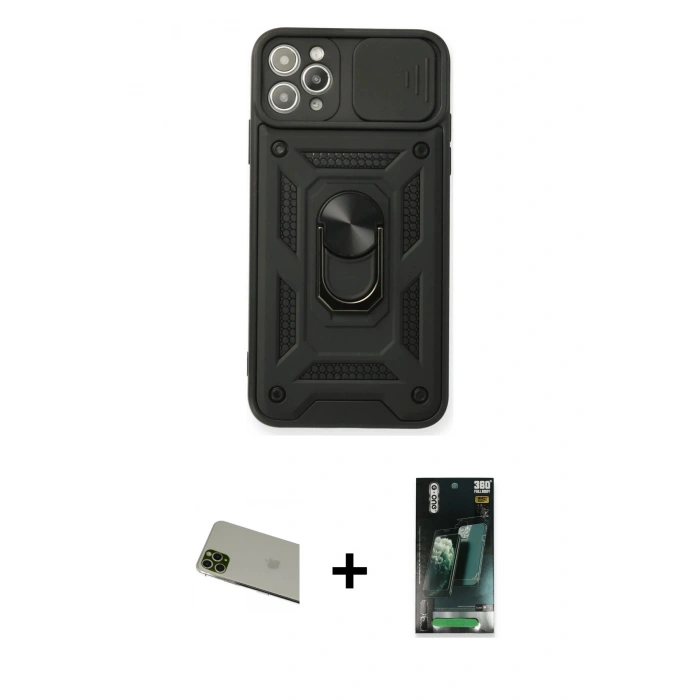 MARSİLYAN™- iPhone 11 Pro Max Kılıf Ahenk Klasik - Şeffaf 360 Full Body Arka Koruyucu + Rainbow Kamera Lens Koruma Cam - YL
