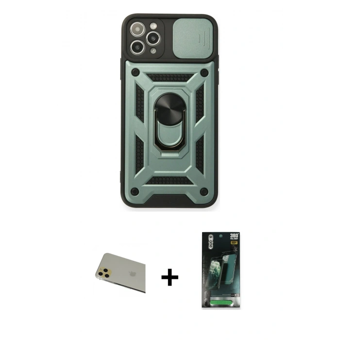 MARSİLYAN™- iPhone 11 Pro Max Kılıf Ahenk Klasik - Şeffaf 360 Full Body Arka Koruyucu + Rainbow Kamera Lens Koruma Cam - GD