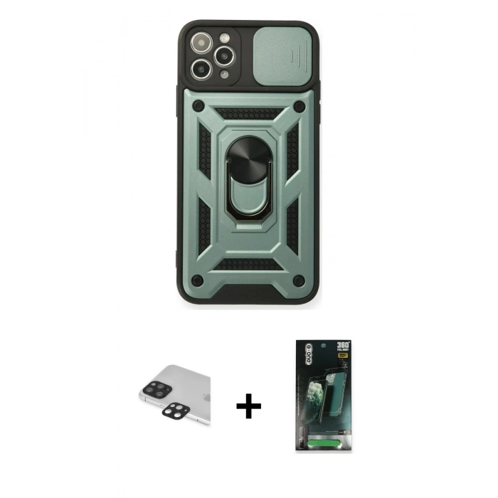 MARSİLYAN™- iPhone 11 Pro Max Kılıf Ahenk Klasik - Şeffaf 360 Full Body Arka Koruyucu + Siyah Pers Alüminyum Kamera Lens
