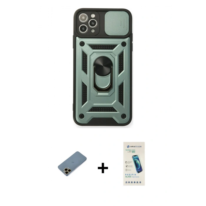 MARSİLYAN™- iPhone 11 Pro Max Kılıf Ahenk Klasik - Şeffaf Pasifik Cam Ekran Koruyucu + Shine Kamera Lens Koruma Cam - GD