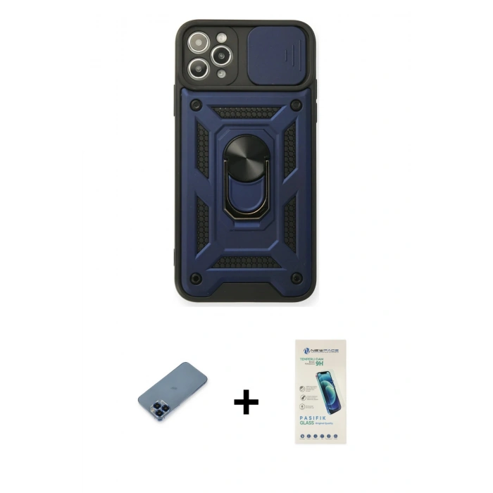 MARSİLYAN™- iPhone 11 Pro Max Kılıf Ahenk Klasik - Şeffaf Pasifik Cam Ekran Koruyucu + Metal Kamera Lens Koruma Cam - MI