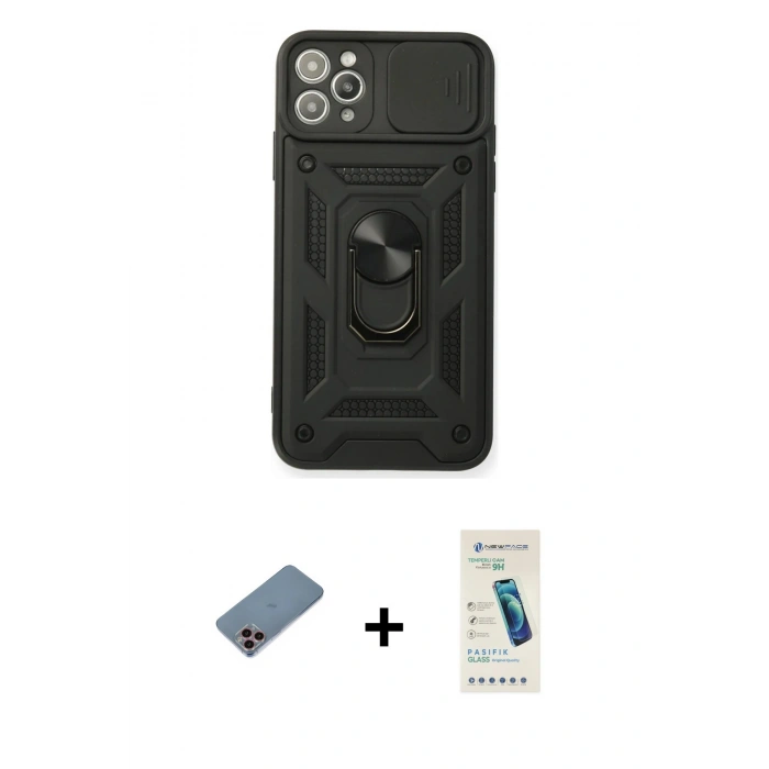 MARSİLYAN™- iPhone 11 Pro Max Kılıf Ahenk Klasik - Şeffaf Pasifik Cam Ekran Koruyucu + Shine Kamera Lens Koruma Cam - PE