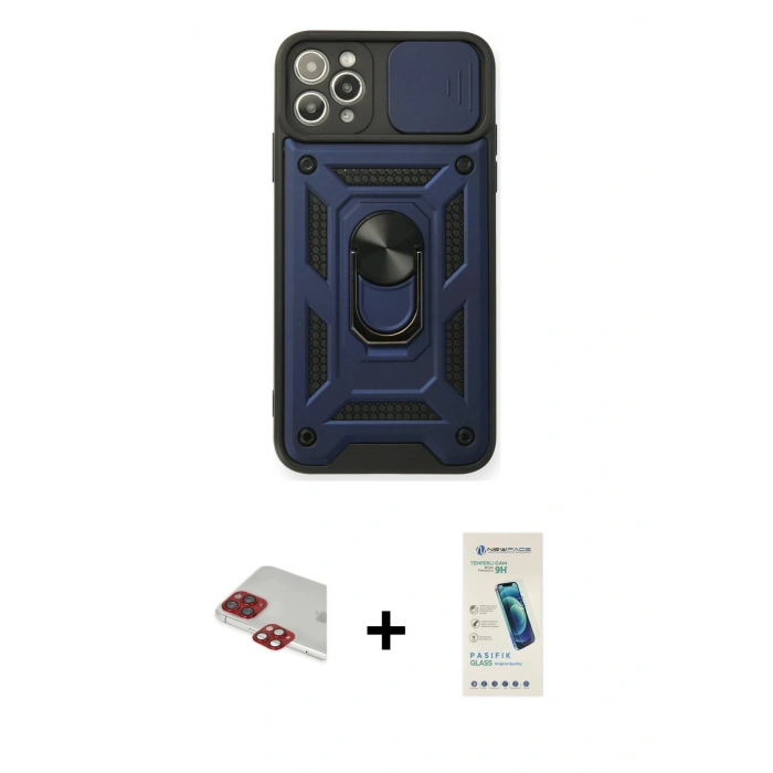MARSİLYAN™- iPhone 11 Pro Max Kılıf Ahenk Klasik - Şeffaf Pasifik Cam Ekran Koruyucu + Pers Alüminyum Kamera Lens - KI