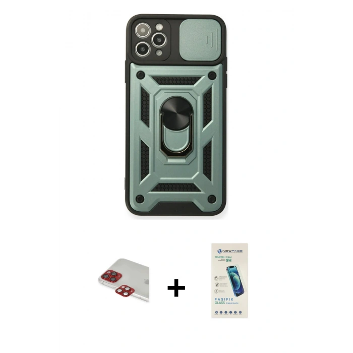 MARSİLYAN™- iPhone 11 Pro Max Kılıf Ahenk Klasik - Şeffaf Pasifik Cam Ekran Koruyucu + Pers Alüminyum Kamera Lens - KI