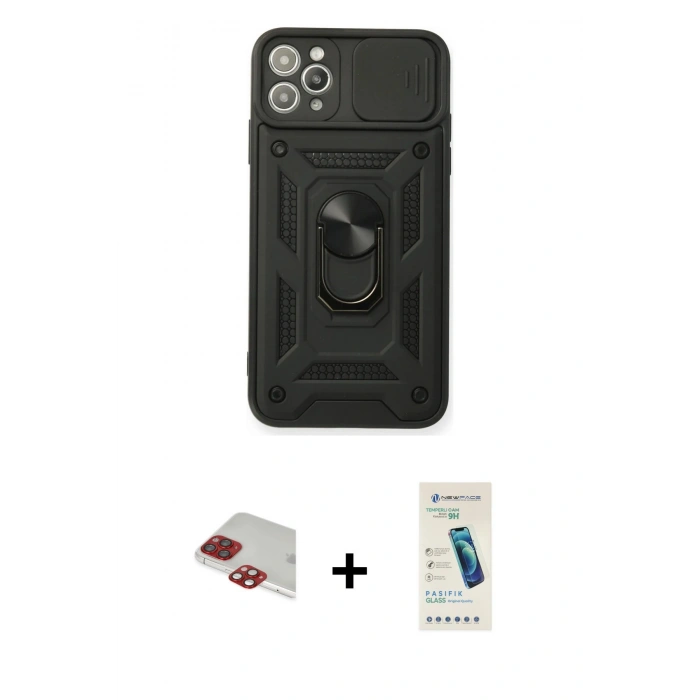 MARSİLYAN™- iPhone 11 Pro Max Kılıf Ahenk Klasik - Şeffaf Pasifik Cam Ekran Koruyucu + Pers Alüminyum Kamera Lens - KI