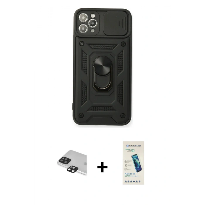 MARSİLYAN™- iPhone 11 Pro Max Kılıf Ahenk Klasik - Şeffaf Pasifik Cam Ekran Koruyucu + Pers Alüminyum Kamera Lens - SH