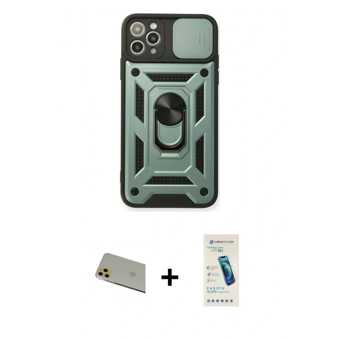 MARSİLYAN™- iPhone 11 Pro Max Kılıf Ahenk Klasik - Şeffaf Pasifik Cam Ekran Koruyucu + Rainbow Kamera Lens Koruma Cam - GD