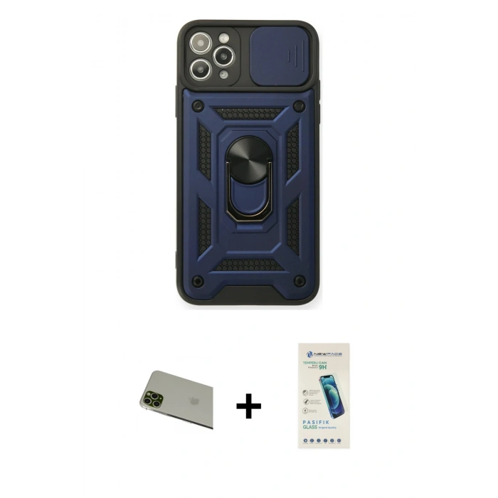 MARSİLYAN™- iPhone 11 Pro Max Kılıf Ahenk Klasik - Şeffaf Pasifik Cam Ekran Koruyucu + Rainbow Kamera Lens Koruma Cam - YL